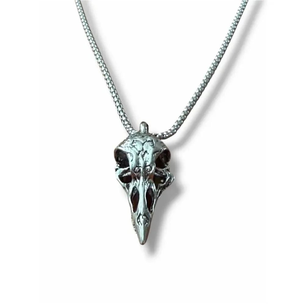 Raven Crow Skull Pendant Box Chain Necklace Antique Silver 24”
